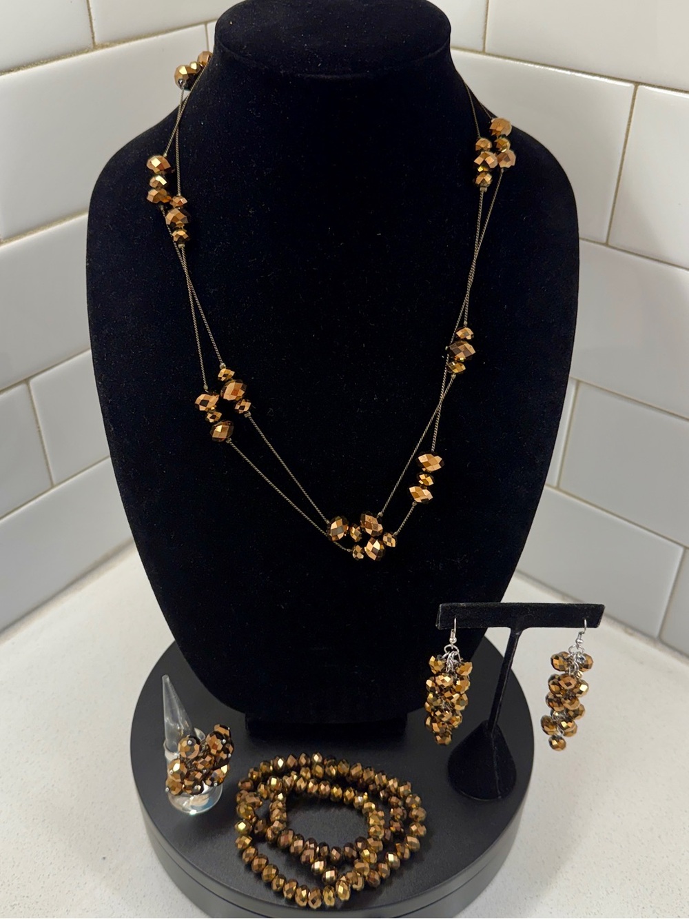 Bronze Copper Faceted Bead Necklace Earrings Bracelet Ring Jewelry Set